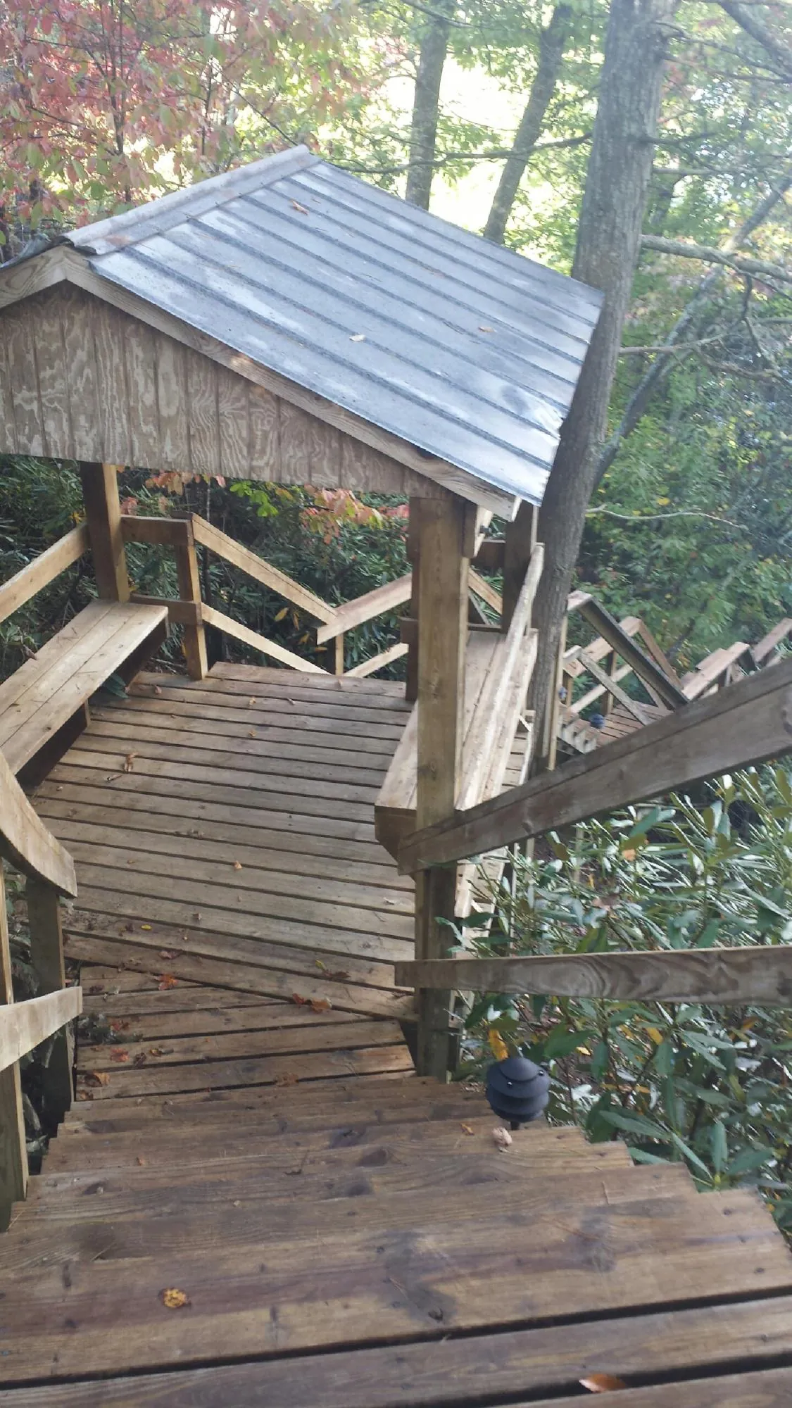 Metal roofed shelter over wooden steps on a wooded walkway — Skylight Repair & Installation work by our crew in Whitharral